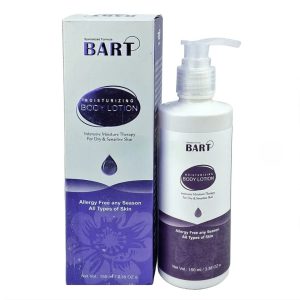 Bart Body Lotion bottle with a pump dispenser, a dab of lotion on a fingertip.