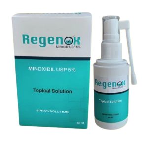 A bottle of Regenox 5% Spray Solution with an applicator pump, featuring the product name and Minoxidil 5% on the label.