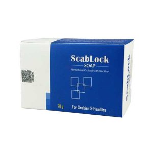 Scablock medicated soap 70gm bar in its packaging.